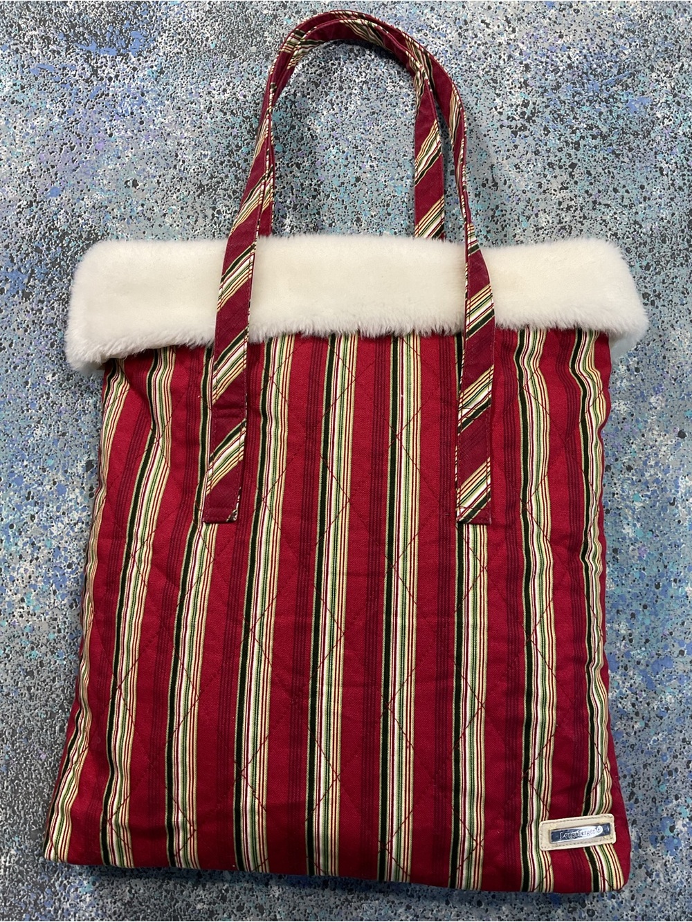 Y2K Christmas Holiday Stripe Faux Fur Quilted Tote Purse Longaberger Homestead